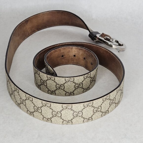 Men's Gucci Supreme GG Canvas Leather Belt 51 Inches Long 1.5" Wide 1 Tear - Picture 5 of 12